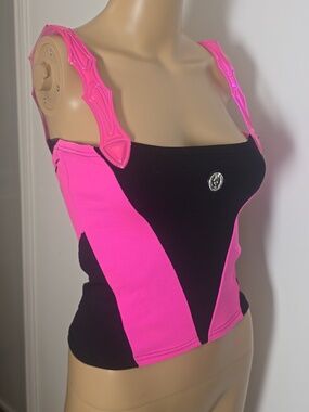 Vintage Cyberdog Reflective Hot Pink and Black Fitted Tank with Logo - Small